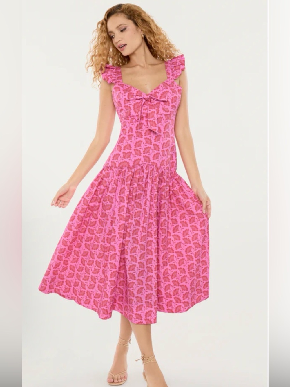 Likely Pink Floral Midi Dress with Ruffle Straps